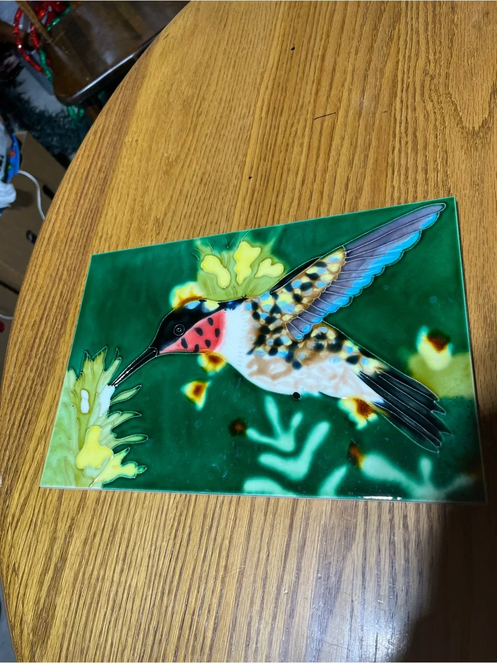 Artistic Hummingbird Ceramic Wall Plaque - Green, Blue, Pink Accent